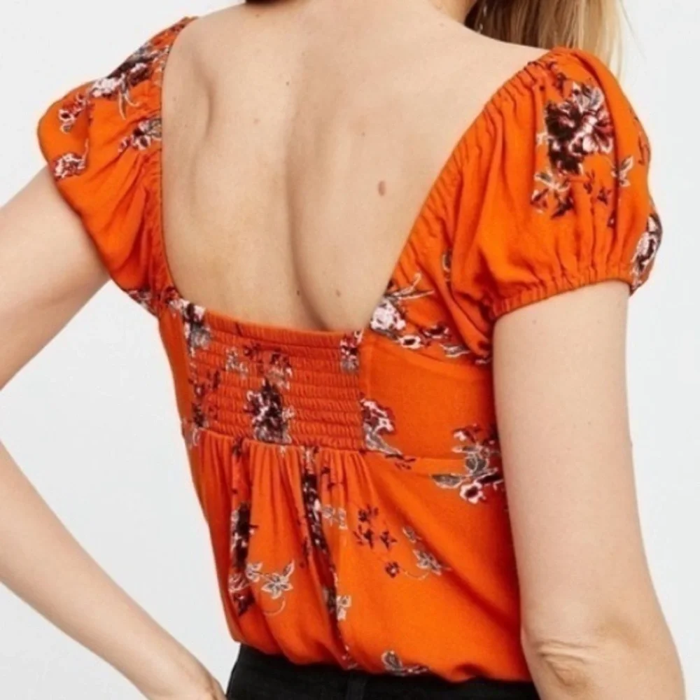 FREE PEOPLE Close To You Floral Puff Sleeve Top Orange XS Boho Cottagecore